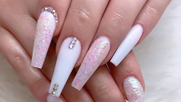 Pink and white Ombre glitter nails, long and cute with rhinestones