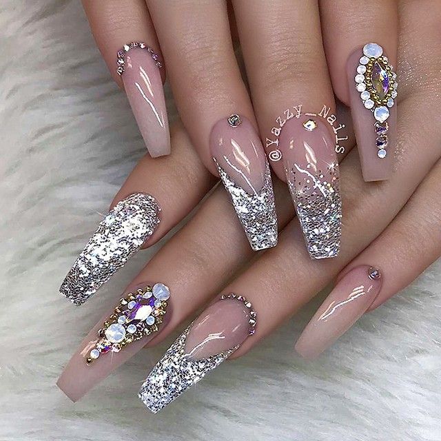 Sliver Nail Polish Glitter, Rhinestones cute and simple bling nails design Ideas