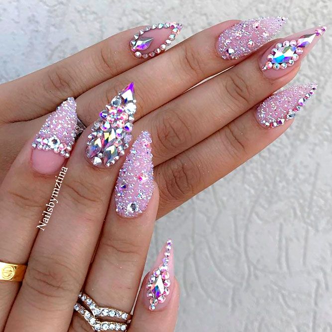 Rhinestone nails design with pink glitter