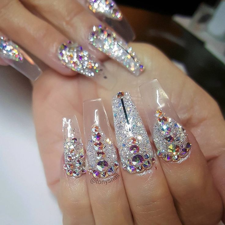 Long Glitter Nails with rhinestone and silver glitter 