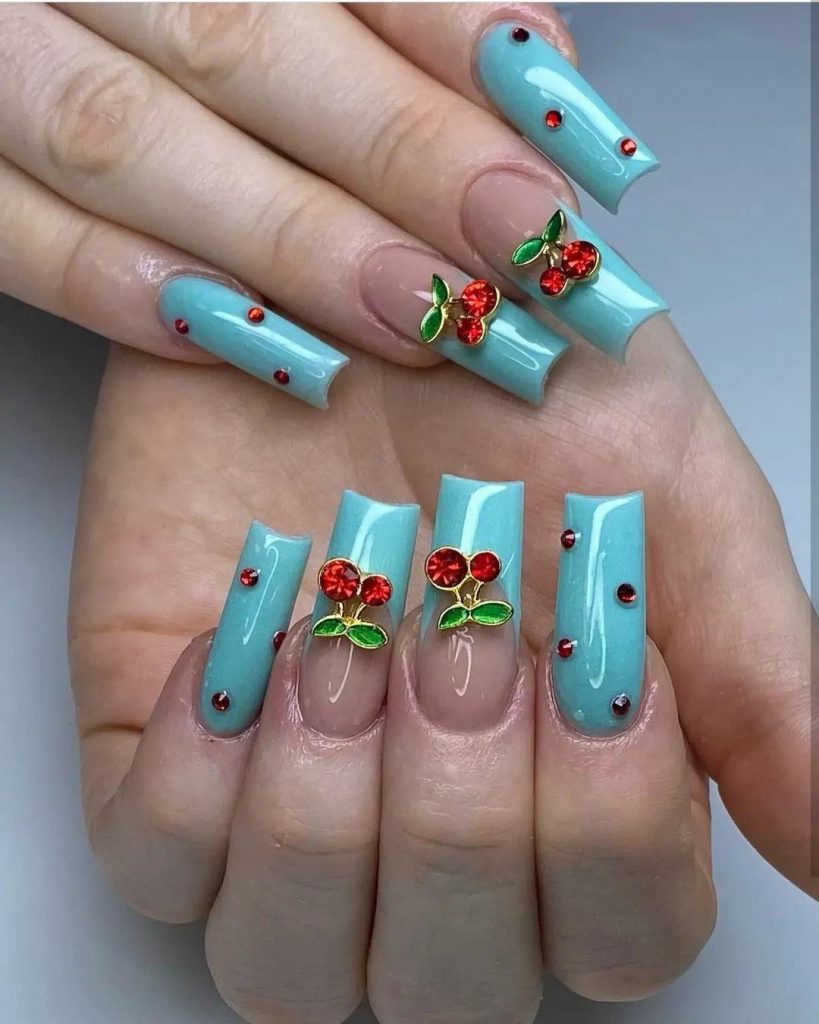 Cherry Nails Design with Blue Nail Polish