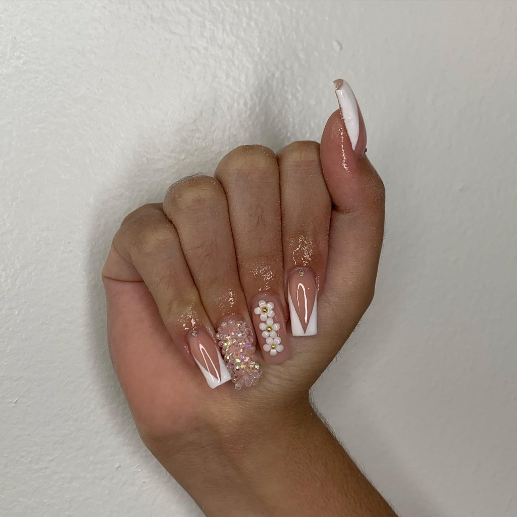 V Shape White Bling Nails 