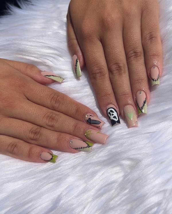 Scary movie Nails with green scar Triangle tip design 