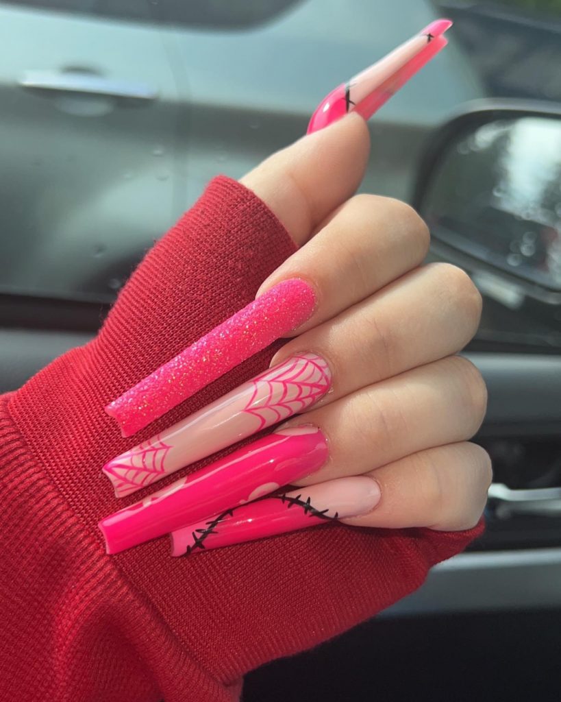 Long Spider web Nails with Glitter Halloween Nails Ideas