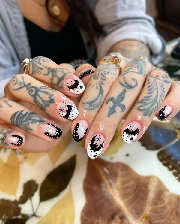 Black and white Halloween Bat Nails Ideas