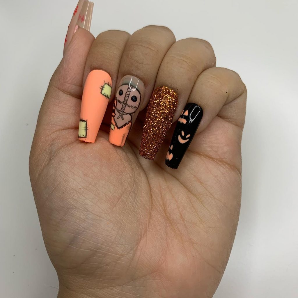 Glitter orange, black scarecrow long nails for Halloween