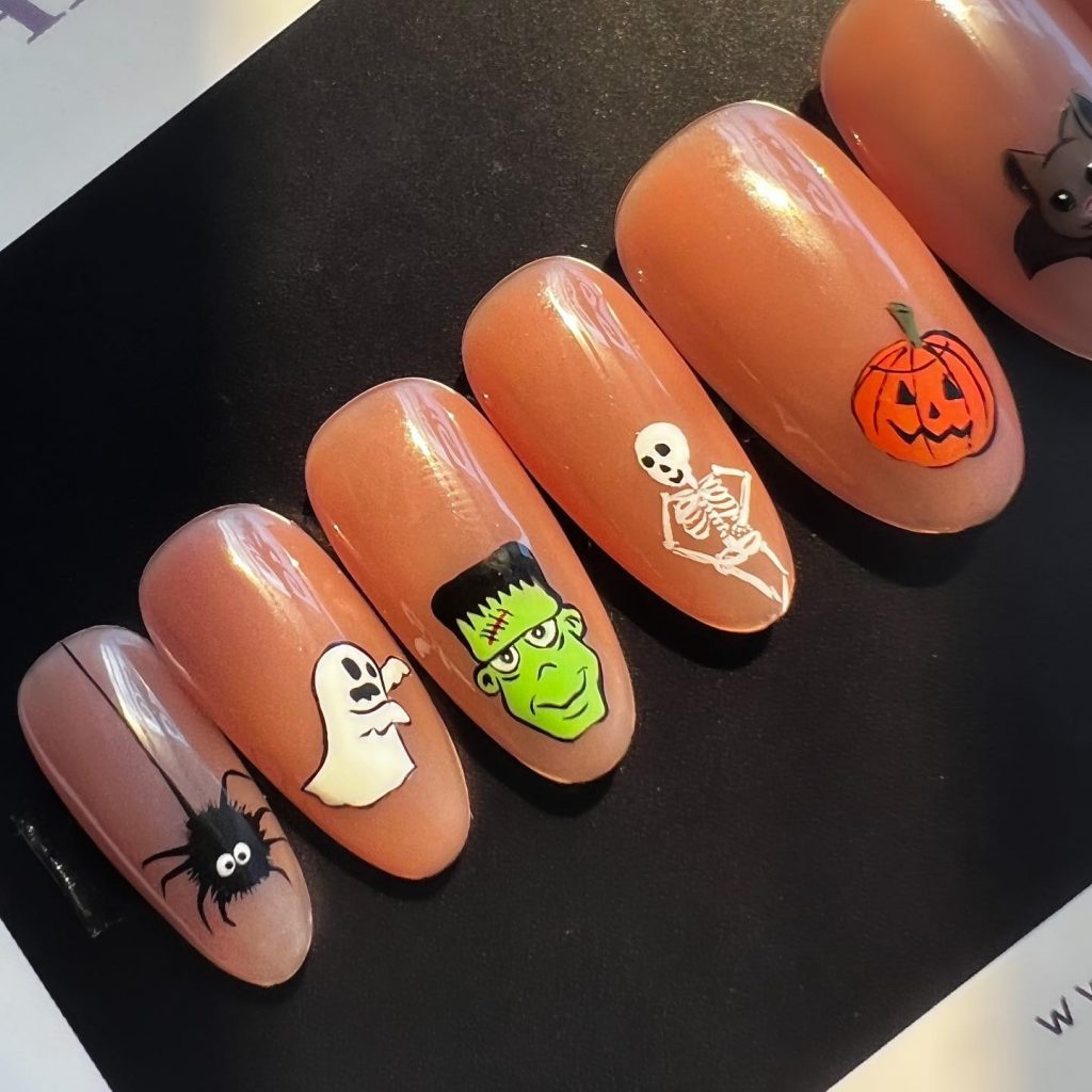 Halloween monster design oval nails ideas