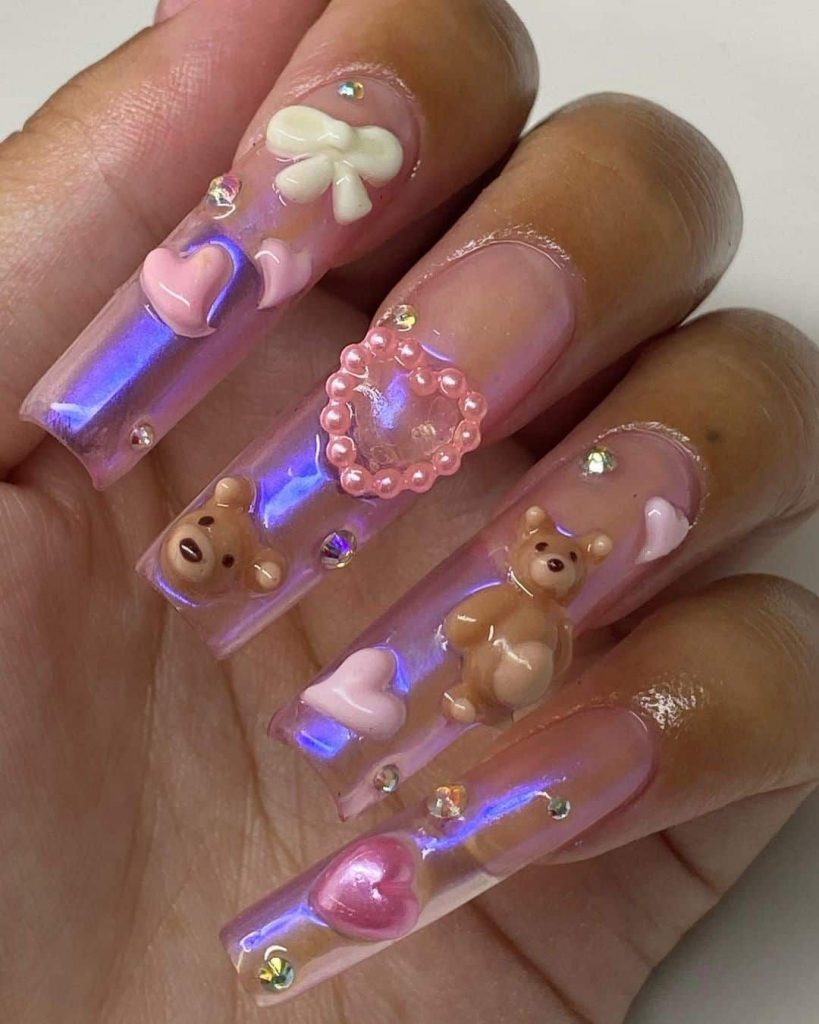 Rhinestone Swag Bear Nails Design 