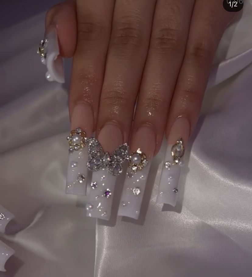 Silver and White Long Butterfly Swag Design Nails