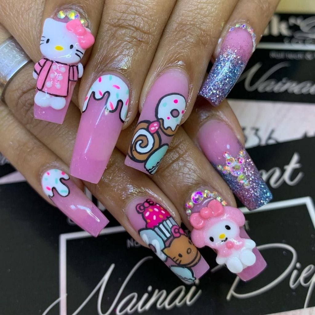 Glitter Hello Kitty Cake and Donuts Nails with Swag