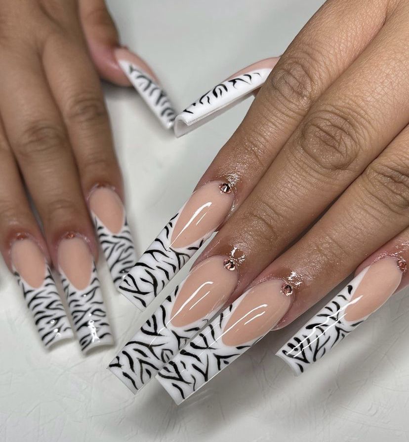 Zebra Stripped Long White Swag Nails