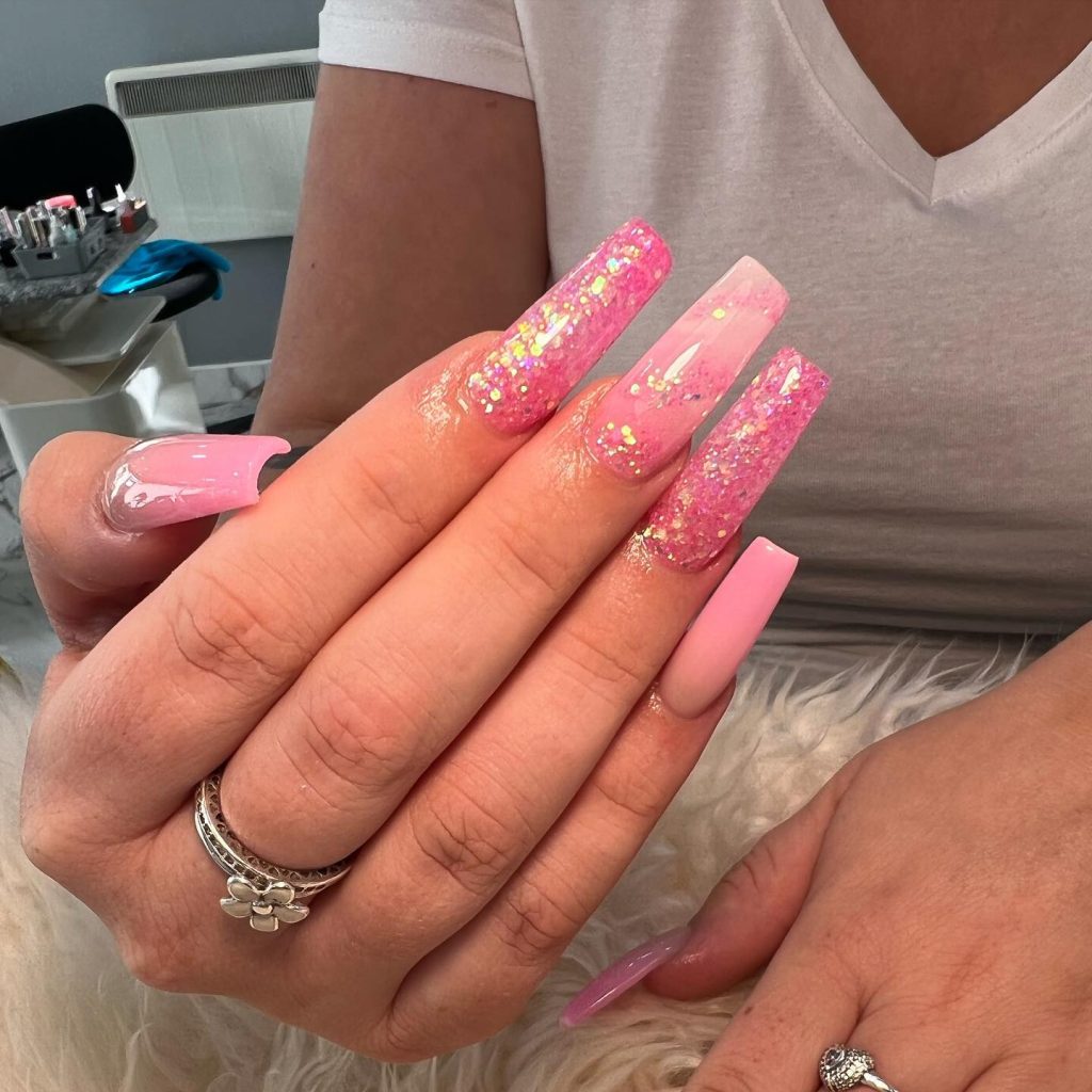 Cute Glitter Pink Long Swag Nails with Ombre colors