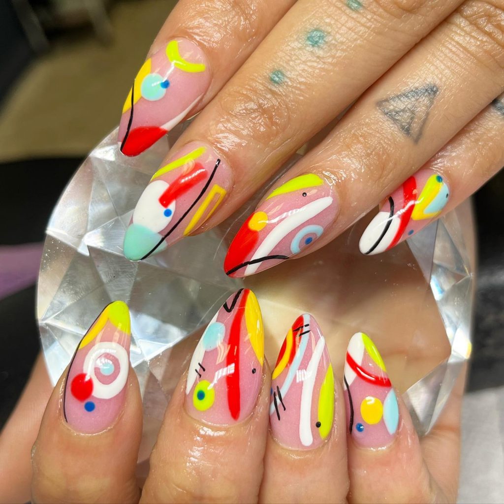 Short Oval Red, White, Green, Yellow, Swag Design Nails