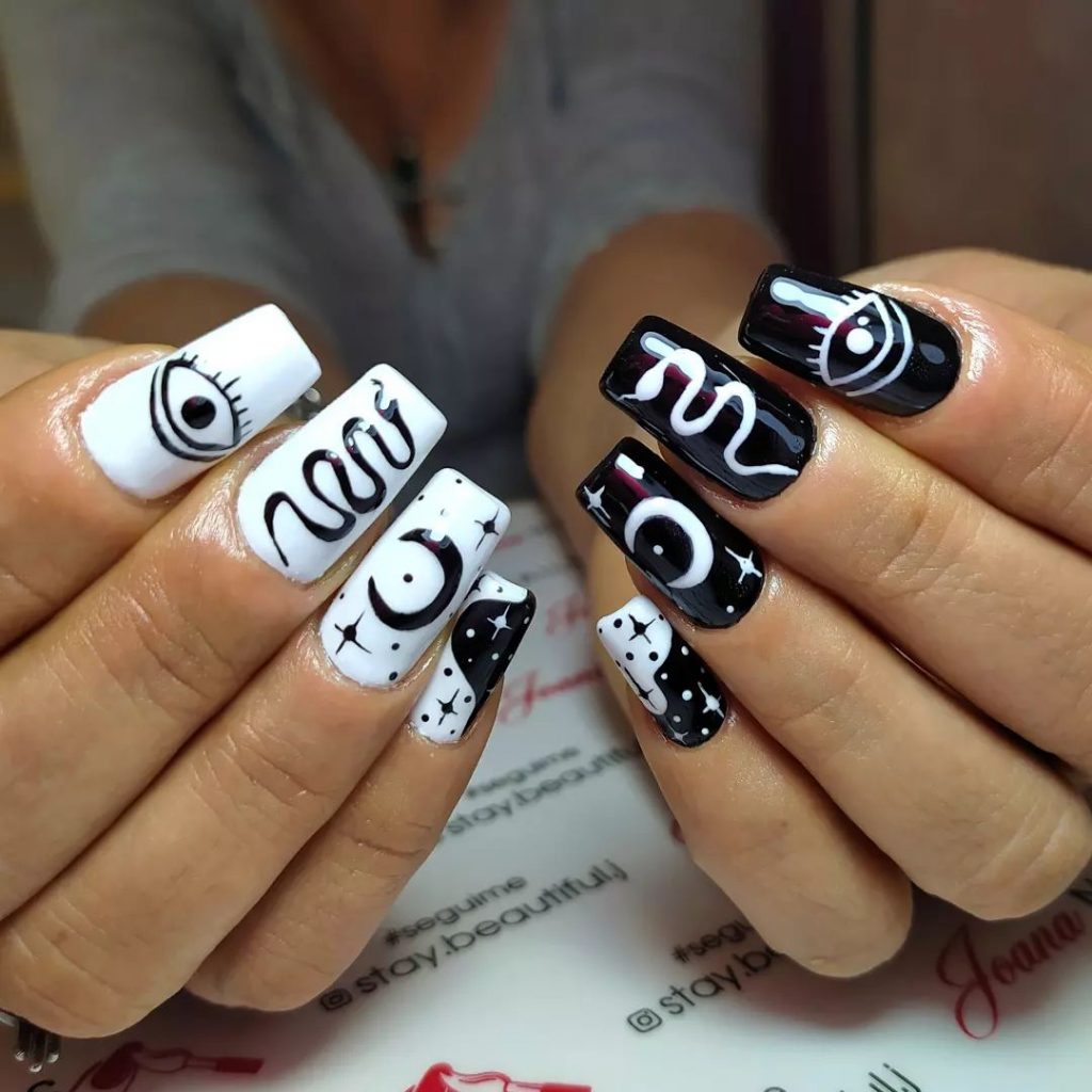 Swag Moon, Stars Black, and White Nails Design