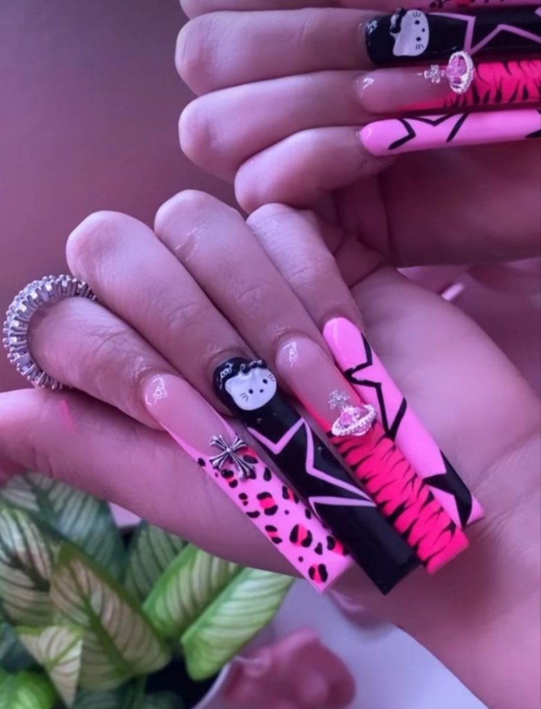 Multi Color Black and Pink Swag Hello Kitty Nails