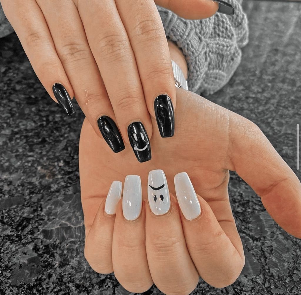 Smiley Face Black and White Swag Nails