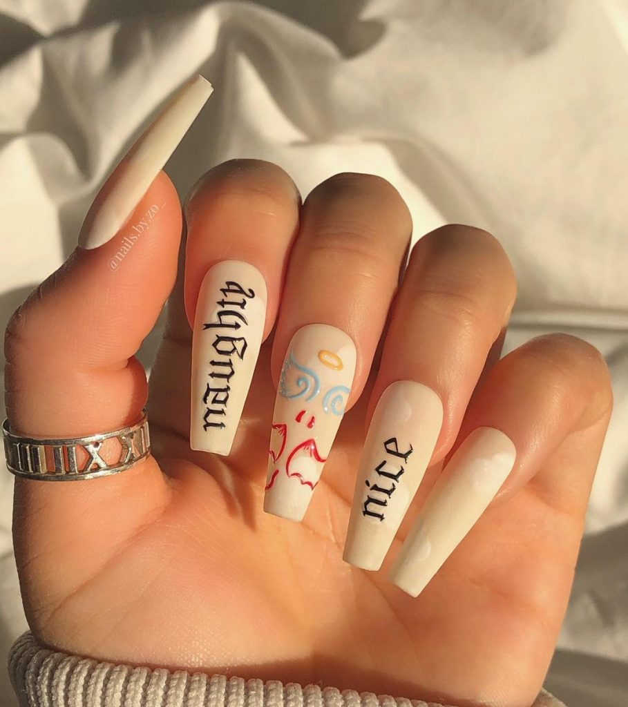 Cute Naughty and Nice white Long Nails Swag Design