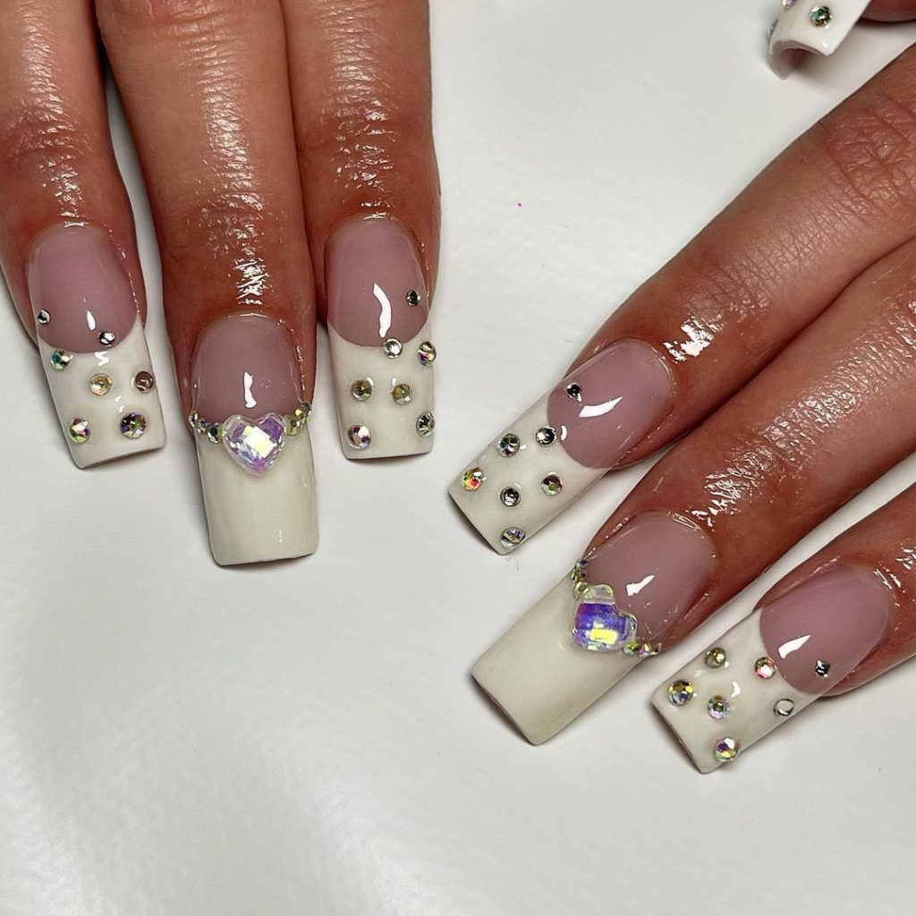 White Nails Rhinestones and Heart Shaped Diamonds