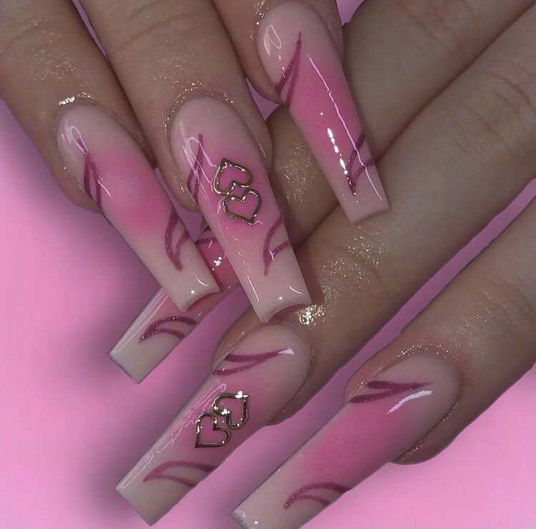 Long Pink Swag Nails with Gold Heart Design 