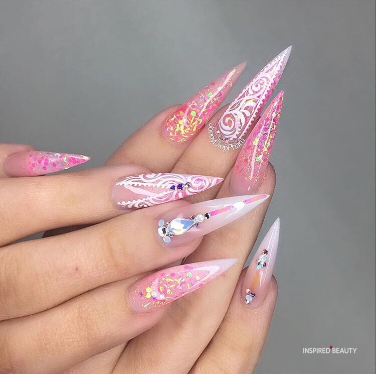 Pointy Pink Swag Stiletto Nails