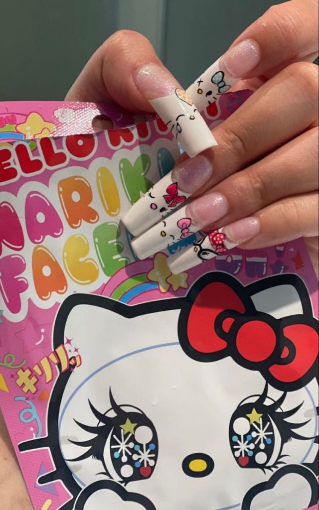 White Swag Hello Kitty Long Nails with Glitter