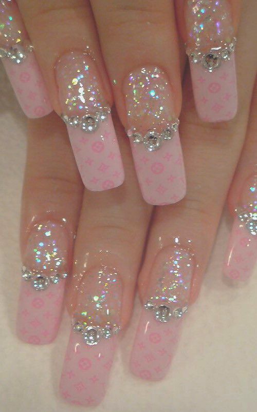 Silver Pink with Glitter Nails Design with Swag