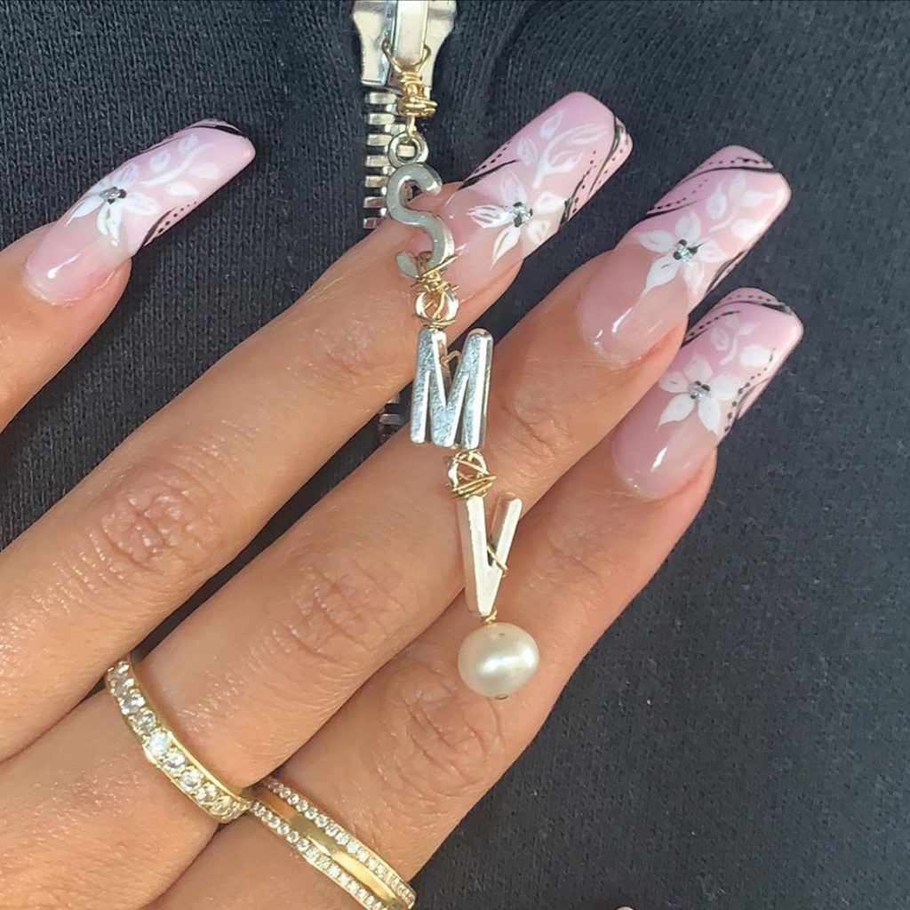 Swag White Rose Design Long Nails