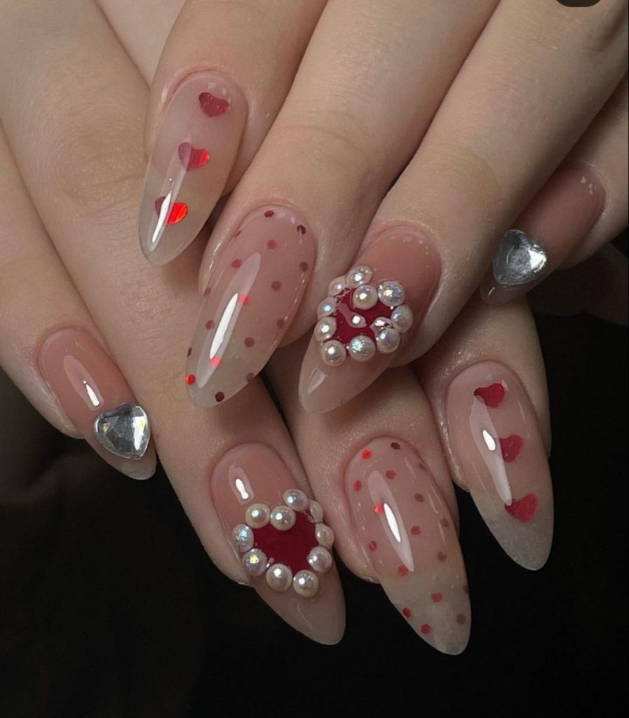 Oval Swag Heart Rhinestone Nails 