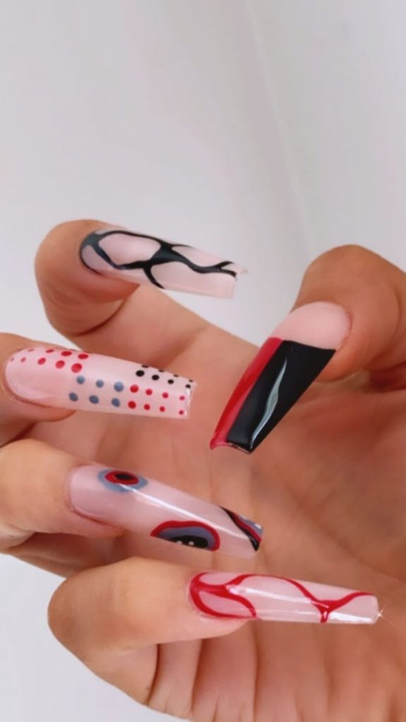 Long Dotted Red, White, Blue and Black Swag Nails