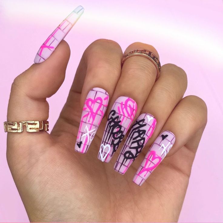 Long Heart Hallpy white, pink nails design for swag