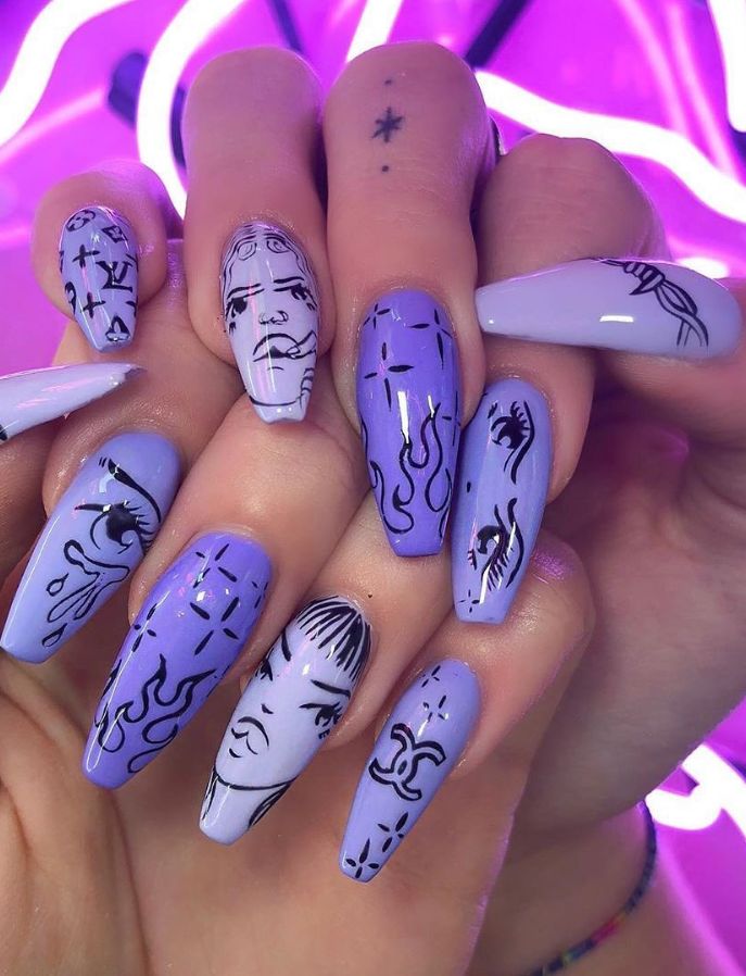 Purple Swag Anime Nails Art Design Ideas