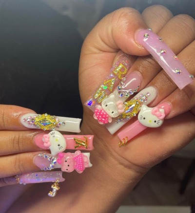 Long Hello Kitty Swag Nails, Pink, and White with Rhinestone and Cat