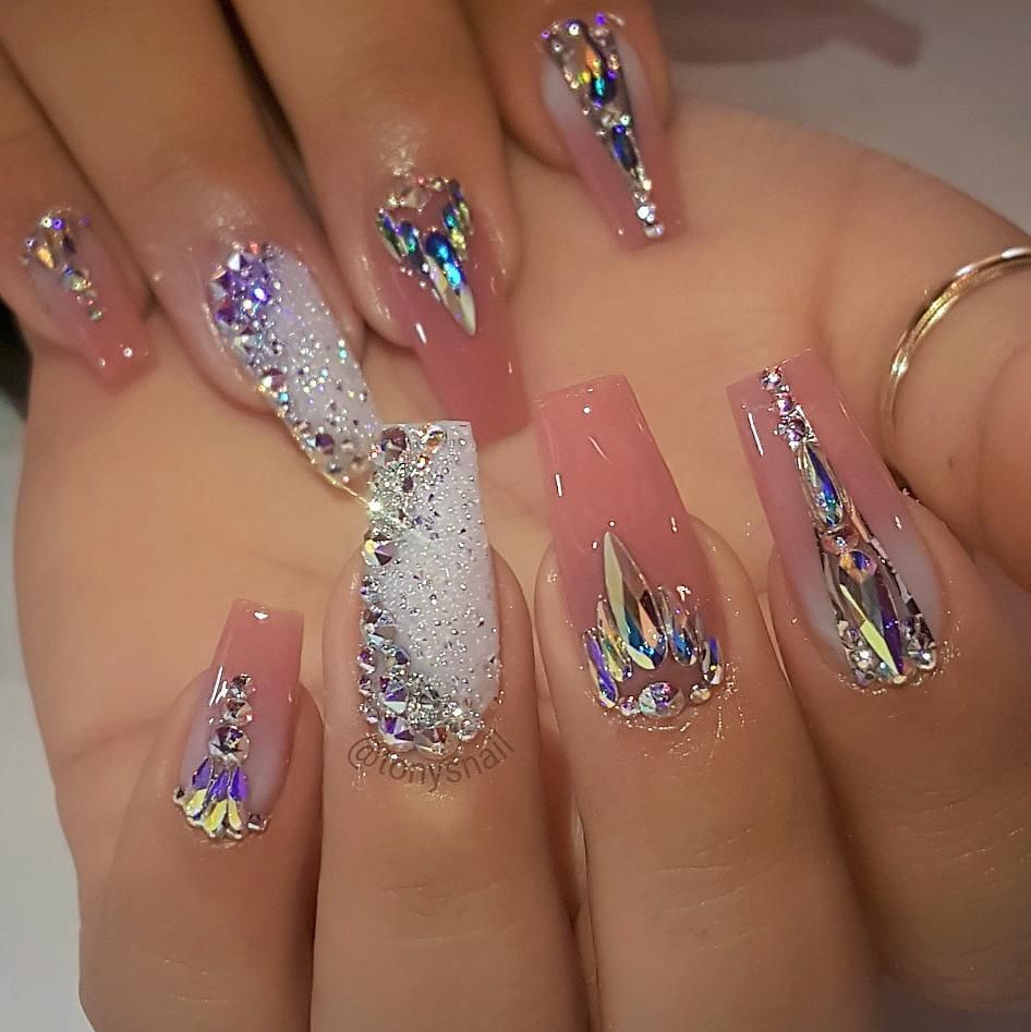 Glossy Glitter Nails With Bright Stones and Swag Design Ideas