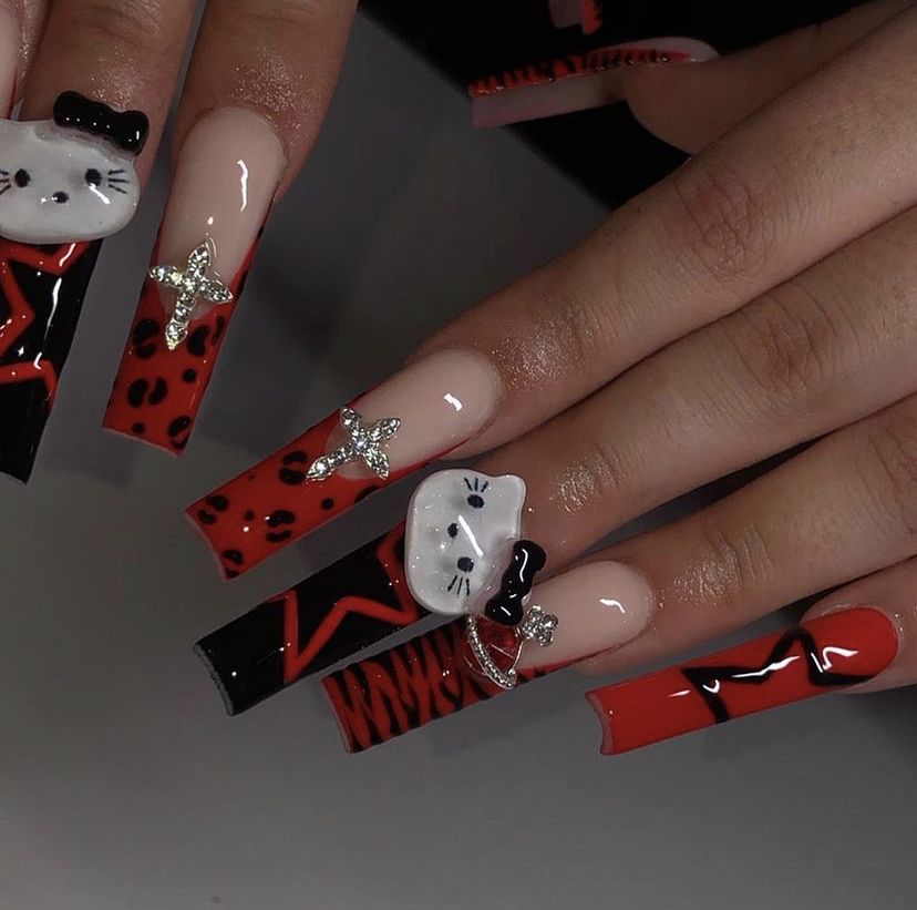 Red and Black Nails with White Cat Design Swag and Cute 