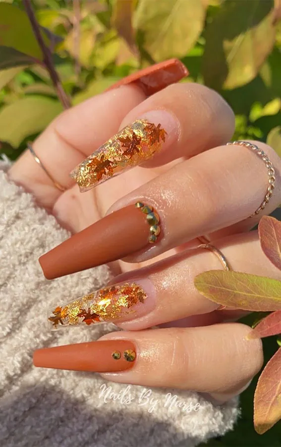 Fall leaf nail with coffin fall nails design ideas