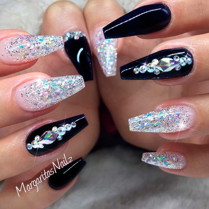 Diamond Rhinestone Coffin Classy Dark Ble Nails with a bright White colorful Glitter Design