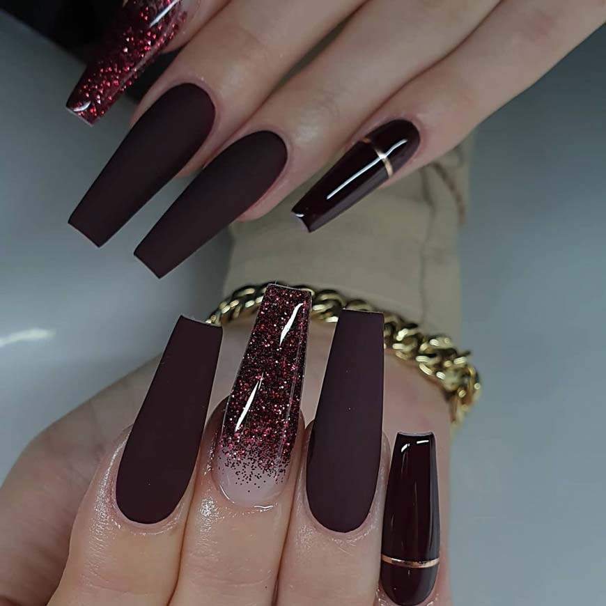 Burgundy glitter Coffin Classy Fall Nails