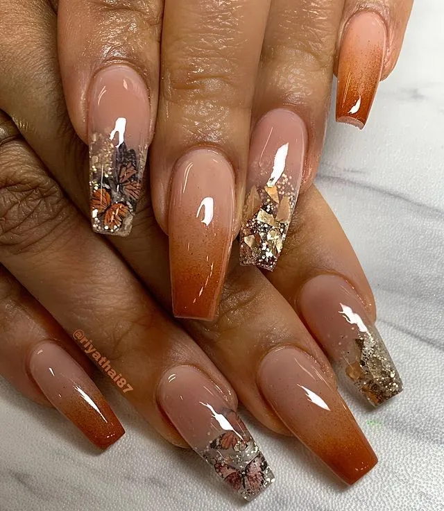 butterfly brown Coffin Classy Fall Nails