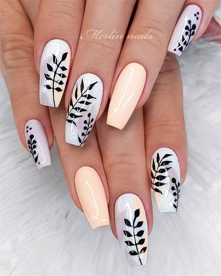 Silver and Cream Fall leaf nails design coffin nails Ideas