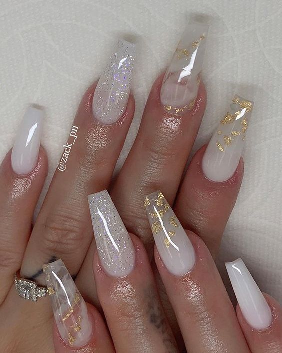 Gold and white coffin nails with fall design ideas