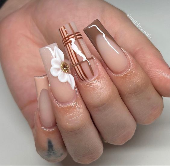 French Tip White Floral Fall Brown Nails