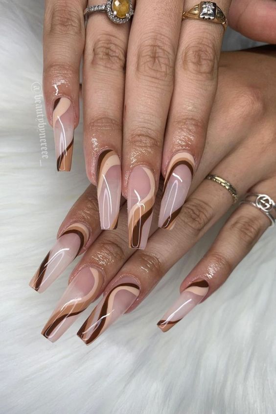 Swirl Brown Fall Long Coffin Classy Fall Nails