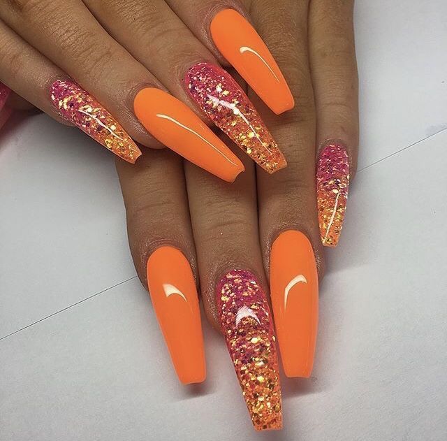 Orange with pink glitter Coffin Classy Fall Nails