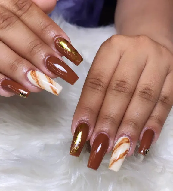 Coffin Classy Fall Nails with pumpkin colors