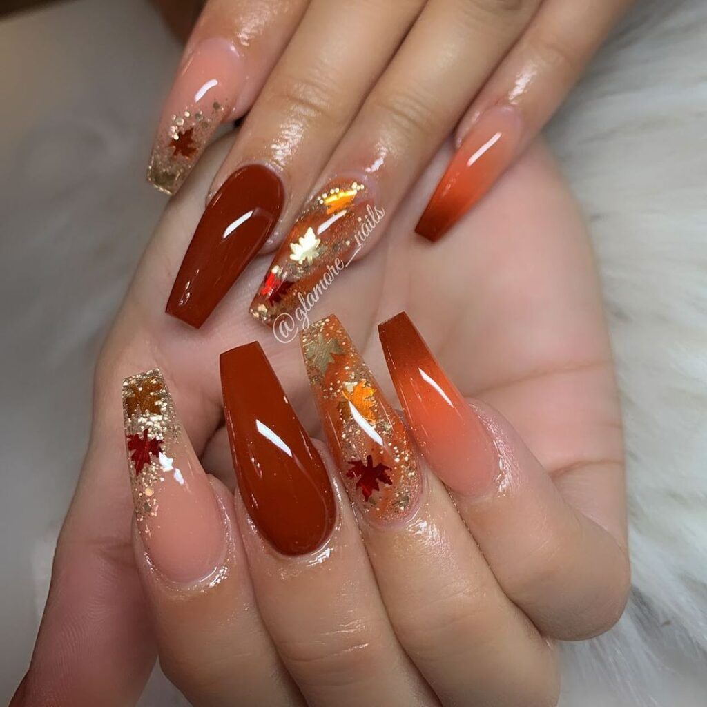 Bright Fall Leaf Coffin Ombre Classy Gold and Brown Nail Polish Nails