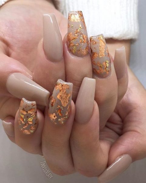 Cream with Gold Fall Leafs Coffin Classy Nails