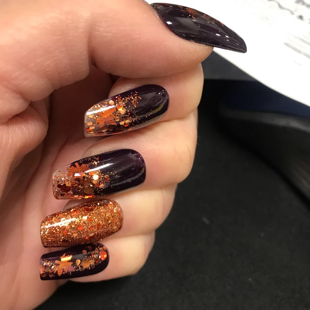 Dark Purple and Orange Fall Glitter Leaf Coffin Nails