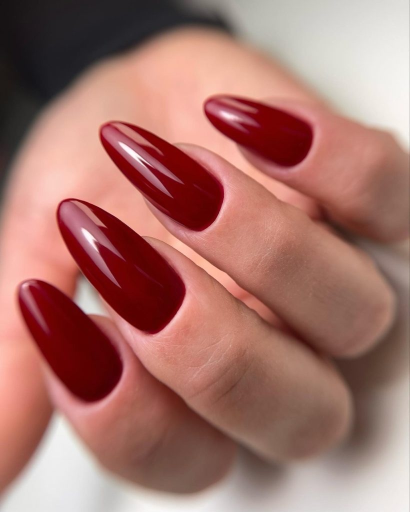 Long Oval Burgundy Red Nails Bright and Shinny