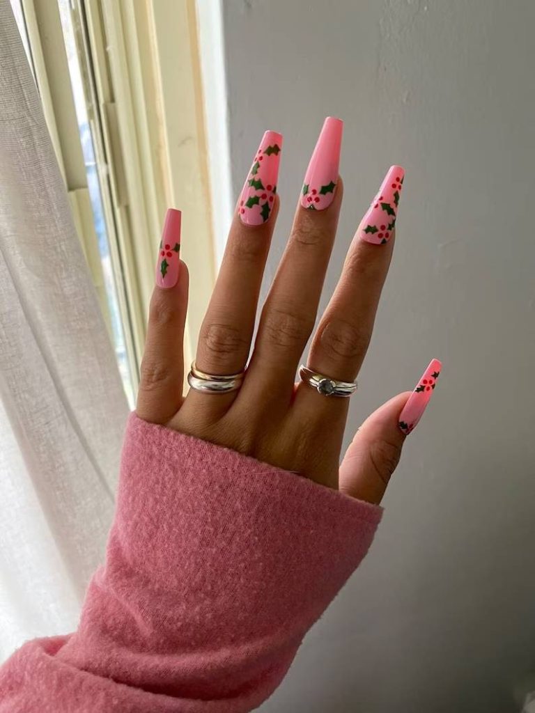 Beautiful Long Pink Christmas Press On Nails