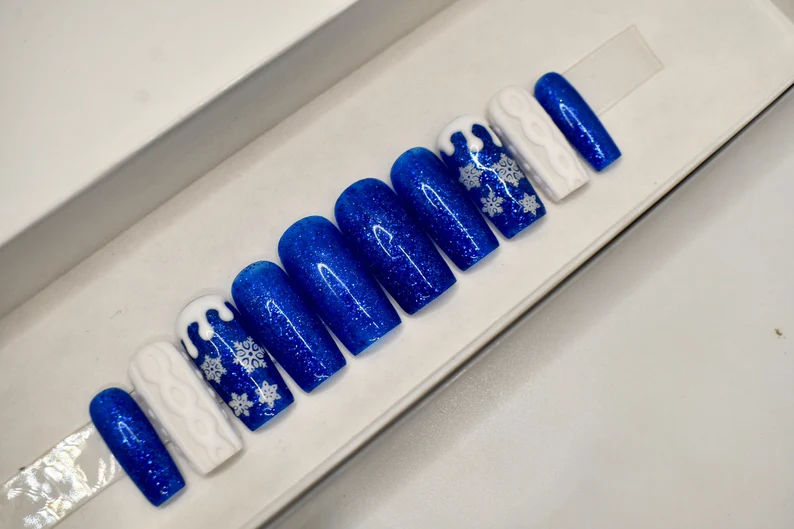 Blue and White Snowflake Winter Christmas Press On Nails